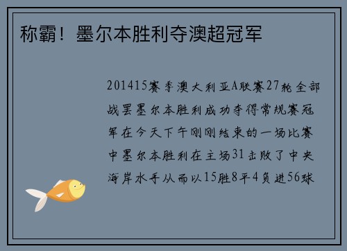 称霸！墨尔本胜利夺澳超冠军